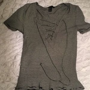 Black and white stripe lace up tee